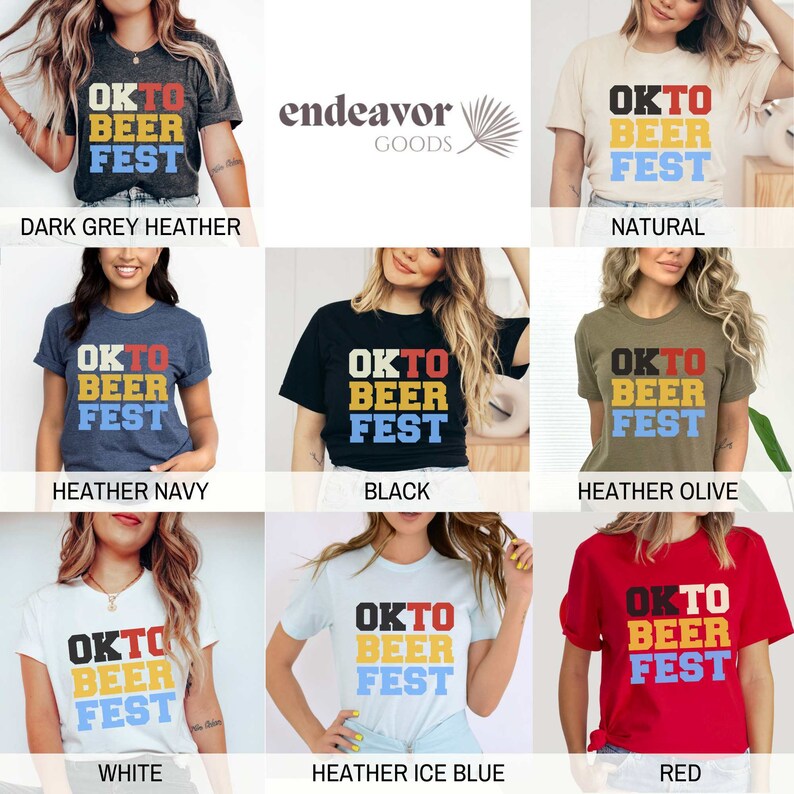 Op de afbeelding: Een collectie t-shirts in diverse kleuren, elk met de tekst "OKTO BEER FEST" in vetgedrukte, kleurrijke letters. De shirts worden getoond op modellen, die verschillende stijlen en tinten laten zien, waaronder donkergrijs, naturel, marine, zwart, olijf, wit, ijsblauw en rood.