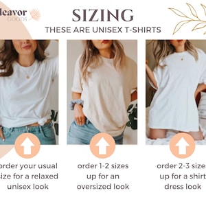 May include: Sizing guide for unisex t-shirts. Three models are wearing white t-shirts in different sizes. The first model is wearing a t-shirt that fits her usual size for a relaxed look. The second model is wearing a t-shirt that is 1-2 sizes up for an oversized look. The third model is wearing a t-shirt that is 2-3 sizes up for a shirt dress look.