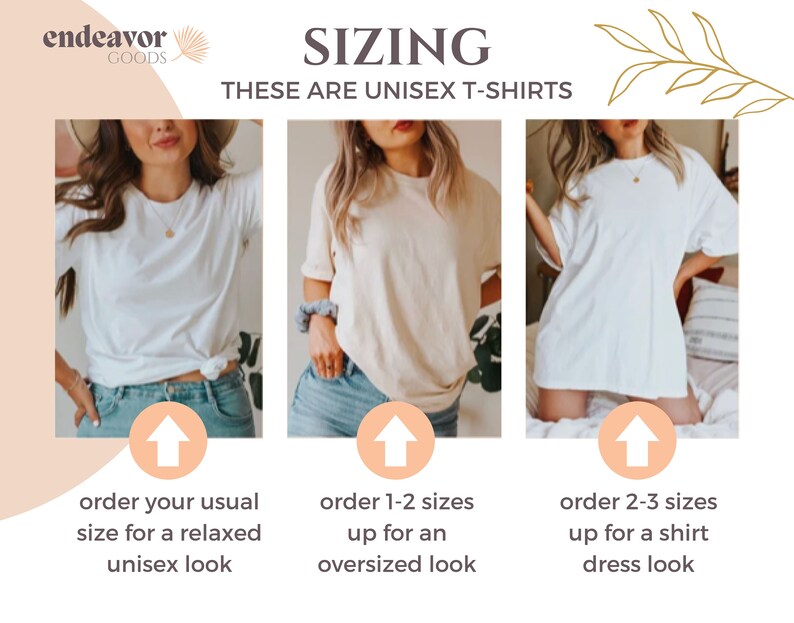 May include: Sizing guide for unisex t-shirts. Three models are wearing white t-shirts in different sizes. The first model is wearing a t-shirt that fits her usual size for a relaxed look. The second model is wearing a t-shirt that is 1-2 sizes up for an oversized look. The third model is wearing a t-shirt that is 2-3 sizes up for a shirt dress look.