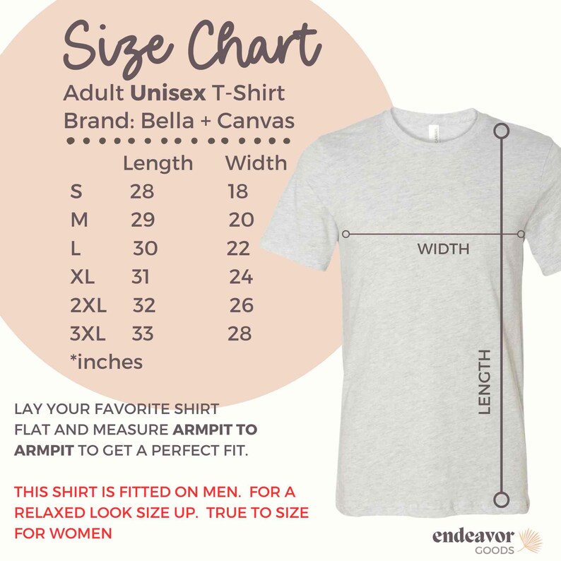 May include: A light gray adult unisex t-shirt with a size chart. The chart lists measurements in inches for length and width, ranging from size small to 3XL. The brand is Bella + Canvas. The text advises to measure a favorite shirt for a perfect fit.