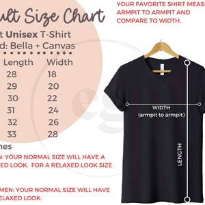 K&ouml;nnte beinhalten: Eine Gr&ouml;&szlig;entabelle f&uuml;r Unisex-T-Shirts von Bella + Canvas. Die Tabelle zeigt die L&auml;nge und Breite in Zoll f&uuml;r die Gr&ouml;&szlig;en S bis 3XL. Die Tabelle enth&auml;lt auch Anweisungen zum Messen Ihres Lieblings-T-Shirts, um die beste Passform zu bestimmen.