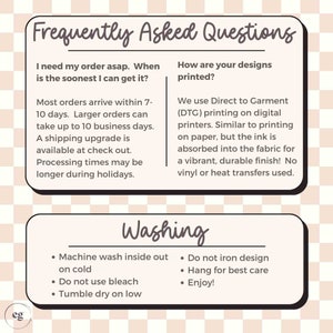 Pode incluir: Um gr&aacute;fico com perguntas frequentes sobre pedidos e envios, e instru&ccedil;&otilde;es de lavagem para roupas. O texto inclui informa&ccedil;&otilde;es sobre os tempos de processamento, as atualiza&ccedil;&otilde;es de envio e as instru&ccedil;&otilde;es de cuidados. O gr&aacute;fico tem um fundo rosa claro com um padr&atilde;o xadrez.