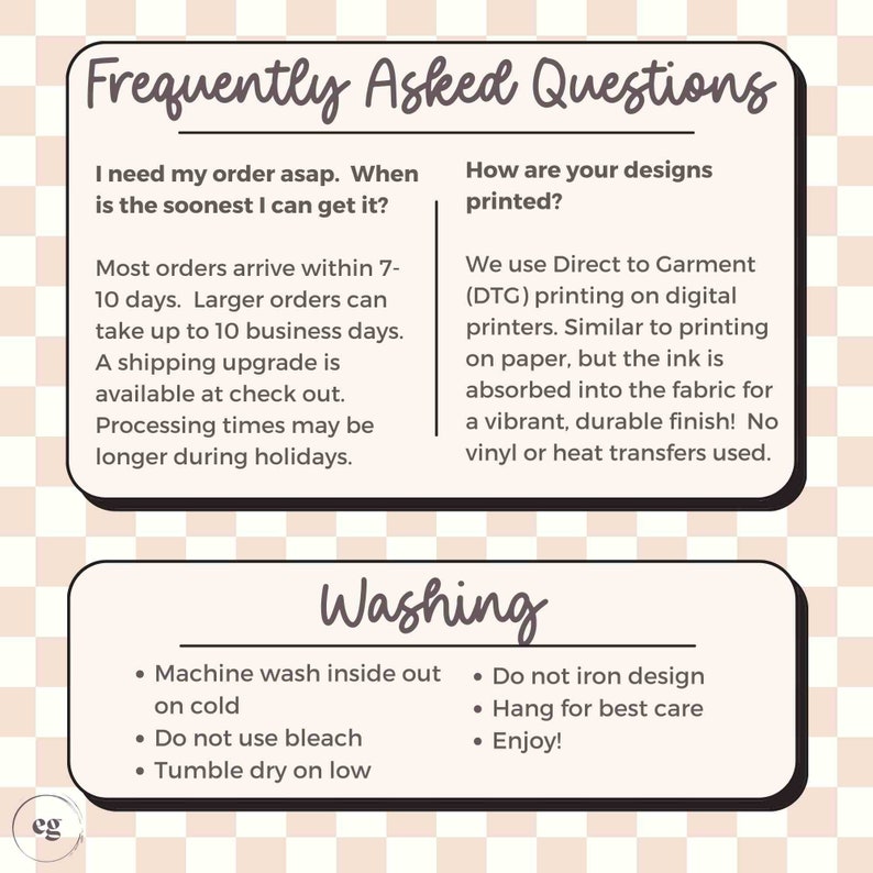 Pode incluir: Um gr&aacute;fico com perguntas frequentes sobre pedidos e envios, e instru&ccedil;&otilde;es de lavagem para roupas. O texto inclui informa&ccedil;&otilde;es sobre os tempos de processamento, as atualiza&ccedil;&otilde;es de envio e as instru&ccedil;&otilde;es de cuidados. O gr&aacute;fico tem um fundo rosa claro com um padr&atilde;o xadrez.