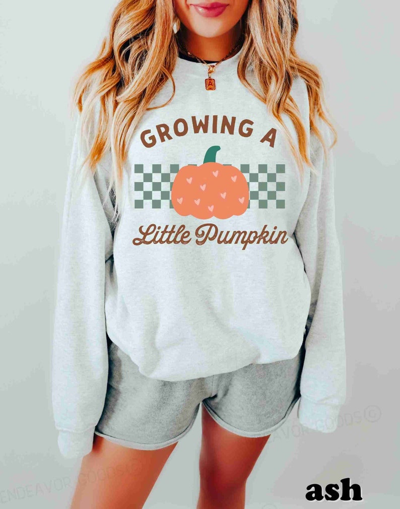 May include: Ash-colored sweatshirt with the text "Growing a Little Pumpkin" and a pumpkin graphic. The pumpkin is orange with a green stem and heart-shaped cutouts. A checkered pattern is behind the pumpkin.