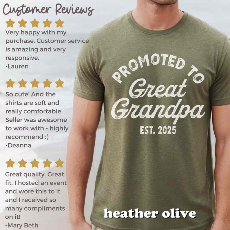 May include: Heather olive green t-shirt with the text "PROMOTED TO Great Grandpa EST. 2025" in white. The shirt is a short-sleeved crew neck style. The shirt is made of a soft, comfortable material.