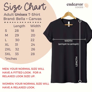 K&ouml;nnte beinhalten: Gr&ouml;&szlig;entabelle f&uuml;r ein Unisex-T-Shirt, die die Ma&szlig;e in Zoll f&uuml;r L&auml;nge und Breite angibt. Die Tabelle ist f&uuml;r T-Shirts der Marke Bella + Canvas. Die Tabelle zeigt die Gr&ouml;&szlig;en von S bis 3XL. Ein schwarzes T-Shirt ist mit den Ma&szlig;en f&uuml;r L&auml;nge und Breite gekennzeichnet.