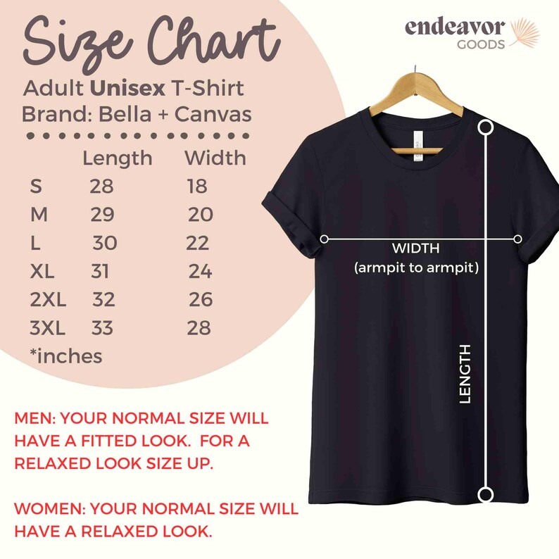 May include: A navy blue adult unisex t-shirt on a hanger, with a size chart. The chart shows sizes S to 3XL, with length and width measurements in inches. The brand is Bella + Canvas.
