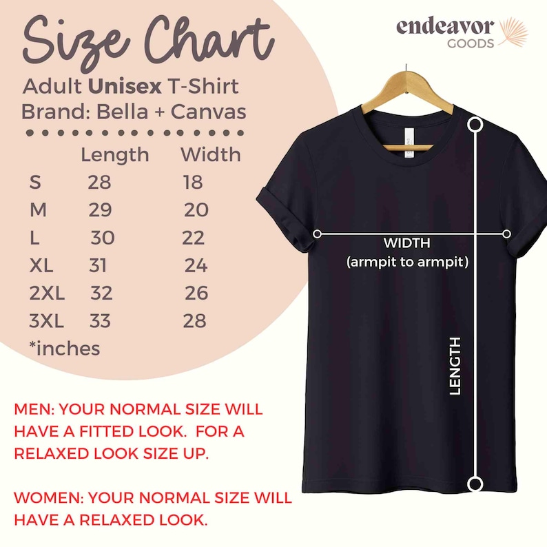 May include: A black adult unisex t-shirt on a wooden hanger, with a size chart. The chart shows sizes S to 3XL, with length and width measurements in inches. The brand is Bella + Canvas. Measurements are in inches.
