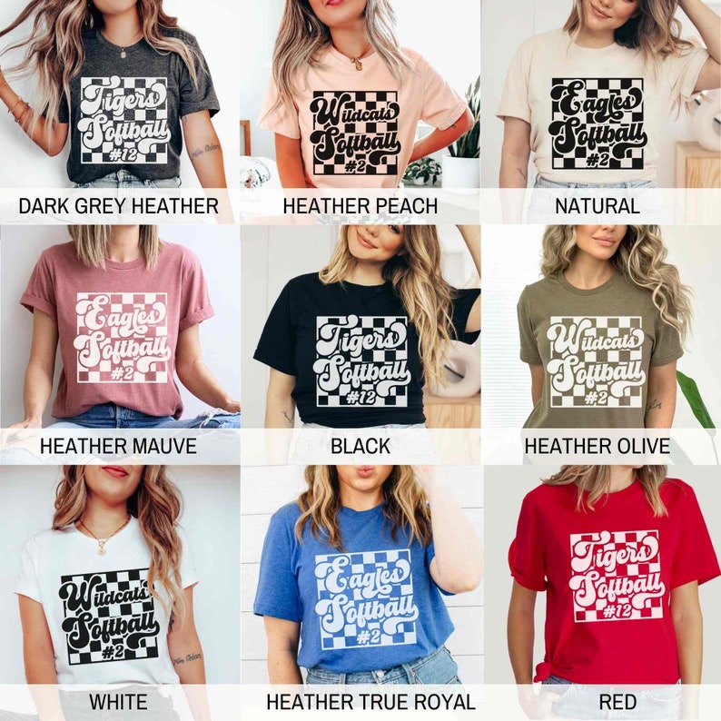 May include: A collage of nine images showcasing different color variations of a t-shirt design. The design features a black and white checkered square with the words "Tigers Softball #12", "Wildcats Softball #2", or "Eagles Softball #2" in a retro font. The t-shirts are available in colors such as dark grey heather, heather peach, natural, heather mauve, black, heather olive, white, heather true royal, and red.