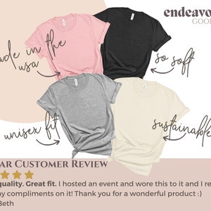 May include: A 5-star customer review for a unisex t-shirt. The t-shirt is available in four colors: pink, black, heather grey, and cream. The text on the image reads "made in the usa", "unisex fit", "so soft", and "sustainable".