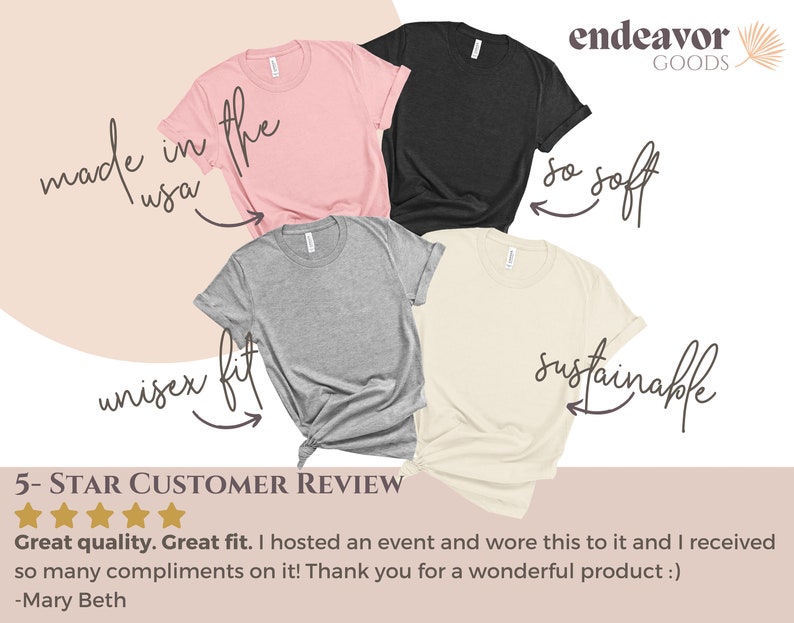 May include: A 5-star customer review for a unisex t-shirt. The t-shirt is available in four colors: pink, black, heather grey, and cream. The text on the image reads "made in the usa", "unisex fit", "so soft", and "sustainable".
