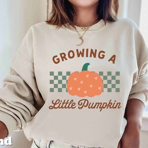 May include: Sand-colored sweatshirt with the text "Growing a Little Pumpkin" in brown script. A cartoon pumpkin with heart-shaped accents is centered below the text, with a green and white checkered pattern behind it.