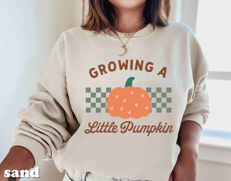 May include: Sand-colored sweatshirt with the text "Growing a Little Pumpkin" in brown script. A cartoon pumpkin with heart-shaped accents is centered below the text, with a green and white checkered pattern behind it.