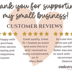 May include: Customer reviews for a small business with five-star ratings and positive comments. The text reads "Thank you for supporting my small business! Customer Reviews."  The reviews highlight the quality of the products and the excellent customer service.