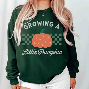 May include: Forest green sweatshirt with the text "GROWING A Little Pumpkin" and a pumpkin graphic. The pumpkin is orange with a green stem and heart-shaped accents. A checkered pattern is behind the pumpkin.