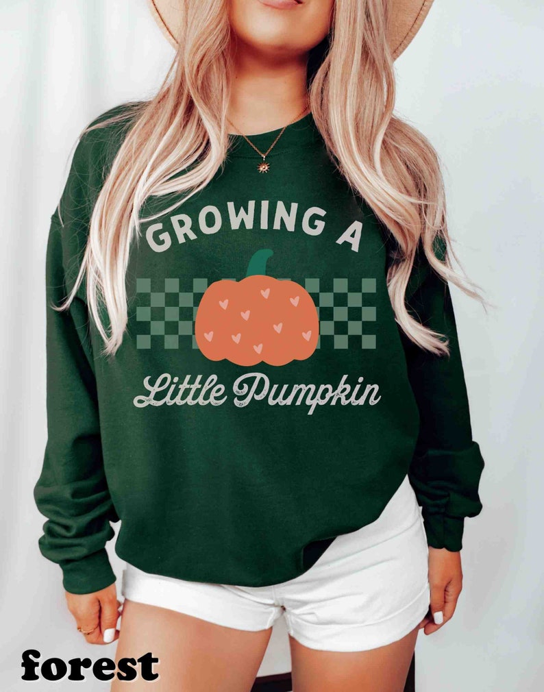 May include: Forest green sweatshirt with the text "GROWING A Little Pumpkin" and a pumpkin graphic. The pumpkin is orange with a green stem and heart-shaped accents. A checkered pattern is behind the pumpkin.