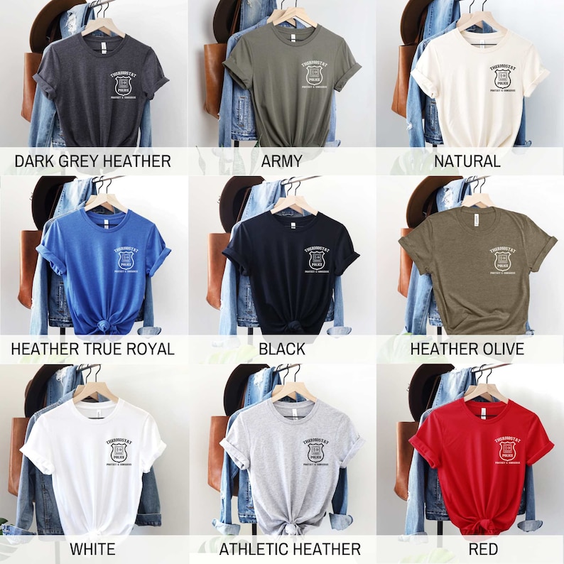 May include: A collection of t-shirts in various colors, including dark grey heather, army, natural, heather true royal, black, heather olive, white, athletic heather, and red. Each shirt features a white graphic of a shield with the text "Thundercat Police" and "Protect & Serve" inside.