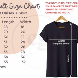 May include: A black adult unisex t-shirt on a wooden hanger. The image features a size chart with measurements in inches for length and width, ranging from S to 5XL. The text advises to measure a shirt and compare to the width.