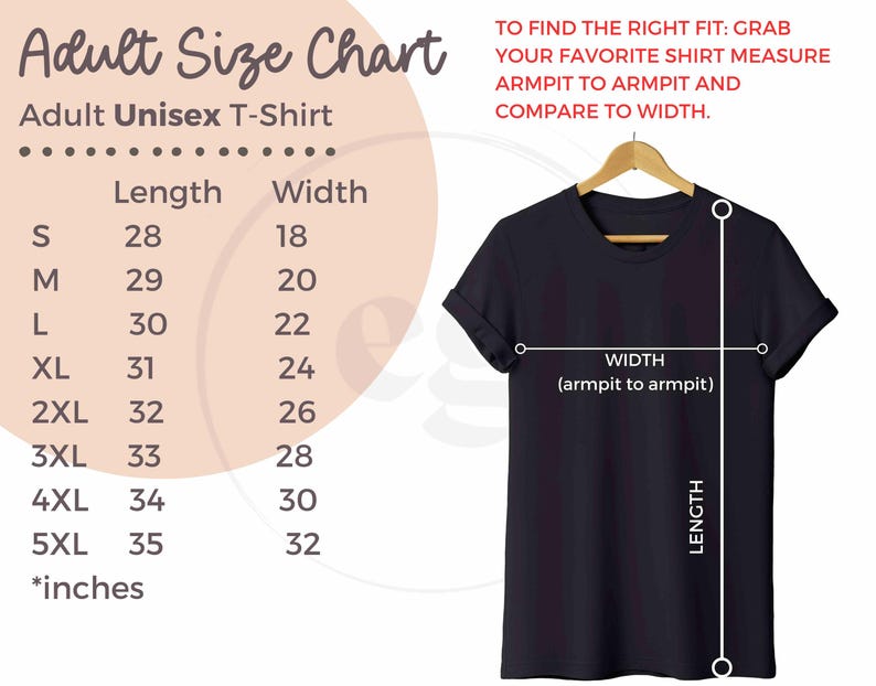 May include: A black adult unisex t-shirt on a wooden hanger. The image features a size chart with measurements in inches for length and width, ranging from S to 5XL. The text advises to measure a shirt and compare to the width.