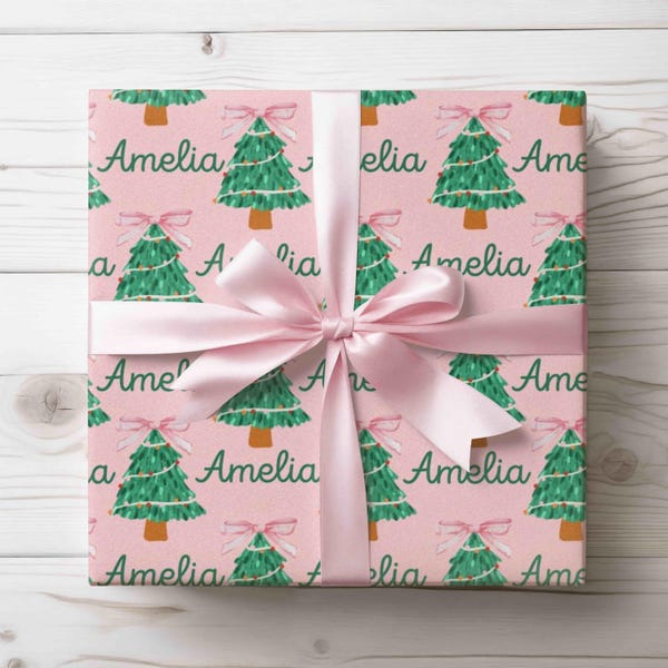 Personalized Pink Christmas Wrapping Paper Roll Girl Coquette Christmas Gift Wrap With Name Holiday Gift Wrap Custom Wrapping Paper Trees