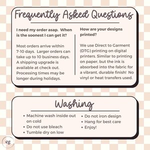 May include: A beige and white graphic with text about order and printing processes. The top section is titled "Frequently Asked Questions" and the bottom section is titled "Washing". The image includes the shop's logo.