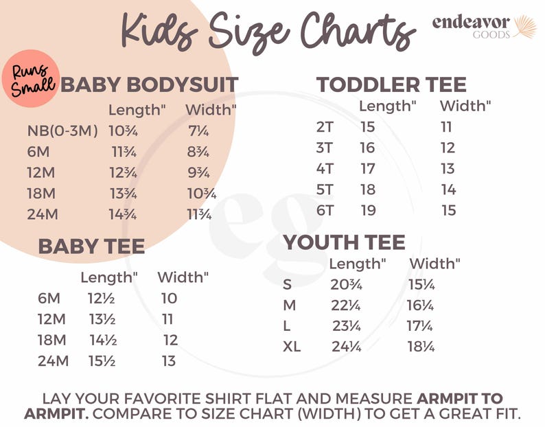 May include: A size chart for baby and youth clothing, with measurements in inches. The chart includes sizes for baby bodysuits, toddler tees, baby tees, and youth tees. The text "Runs Small" is in a circle in the upper left corner.