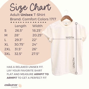 May include: Size chart for a unisex t-shirt, showing measurements in inches for length and width. The chart includes sizes S, M, L, XL, 2XL, and 3XL. The brand is Comfort Colors 1717.
