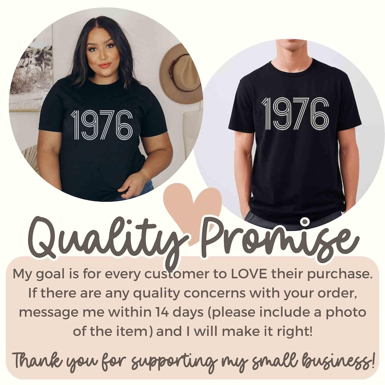 May include: Two people wearing black t-shirts with the number "1976" in white. The image includes text that reads "Quality Promise" and a message about customer satisfaction. The shirts are a simple design.