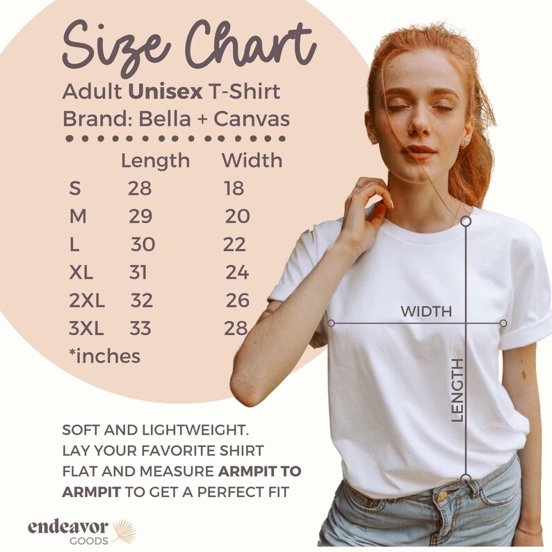 Op de afbeelding: Maattabel voor een unisex T-shirt voor volwassenen, merk Bella + Canvas. De tabel toont lengte- en breedtematen in inches voor de maten S t/m 3XL. De afbeelding toont ook een persoon die een wit T-shirt draagt.