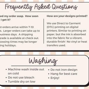 May include: A graphic with frequently asked questions about ordering and washing instructions for apparel. The text includes information about shipping times, printing methods, and care instructions. The graphic has a checkered background.