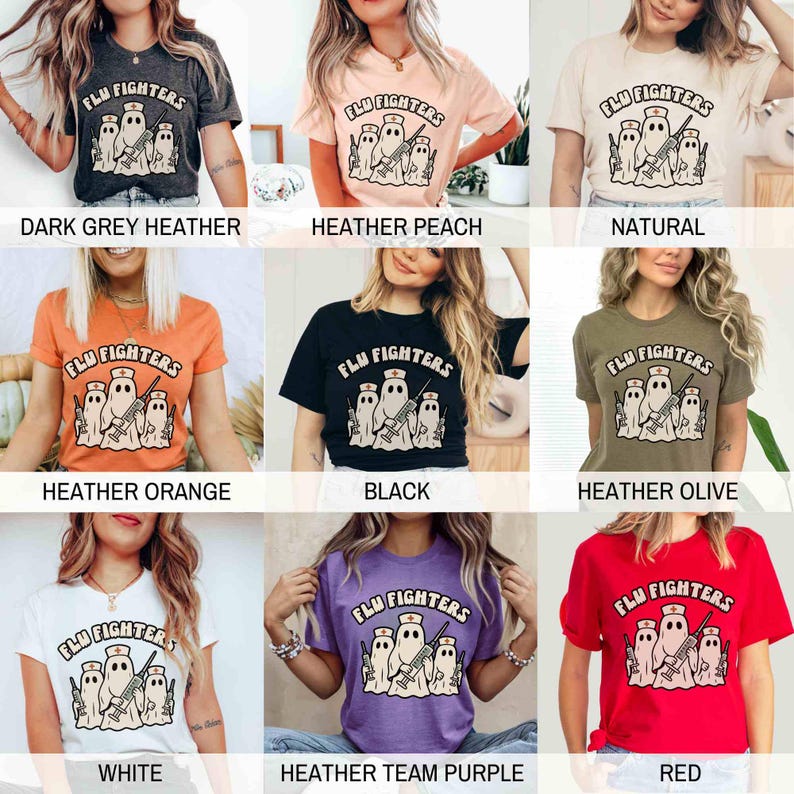 May include: A selection of t-shirts in diverse colours, each displaying the text "FLU FIGHTERS" above a graphic of three ghost-like figures wearing nurse hats and holding syringes. Colours include dark grey, peach, natural, orange, black, olive, white, purple, and red.
