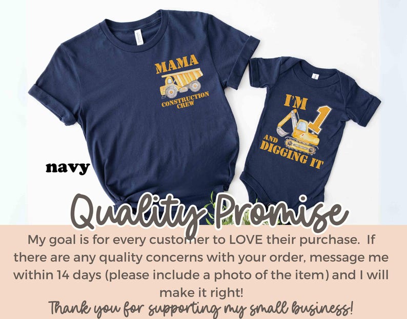 May include: Navy blue t-shirt with "MAMA CONSTRUCTION CREW" graphic and a matching baby bodysuit with "I'M AND DIGGING IT" graphic. Both garments feature construction vehicle illustrations in yellow and gold.