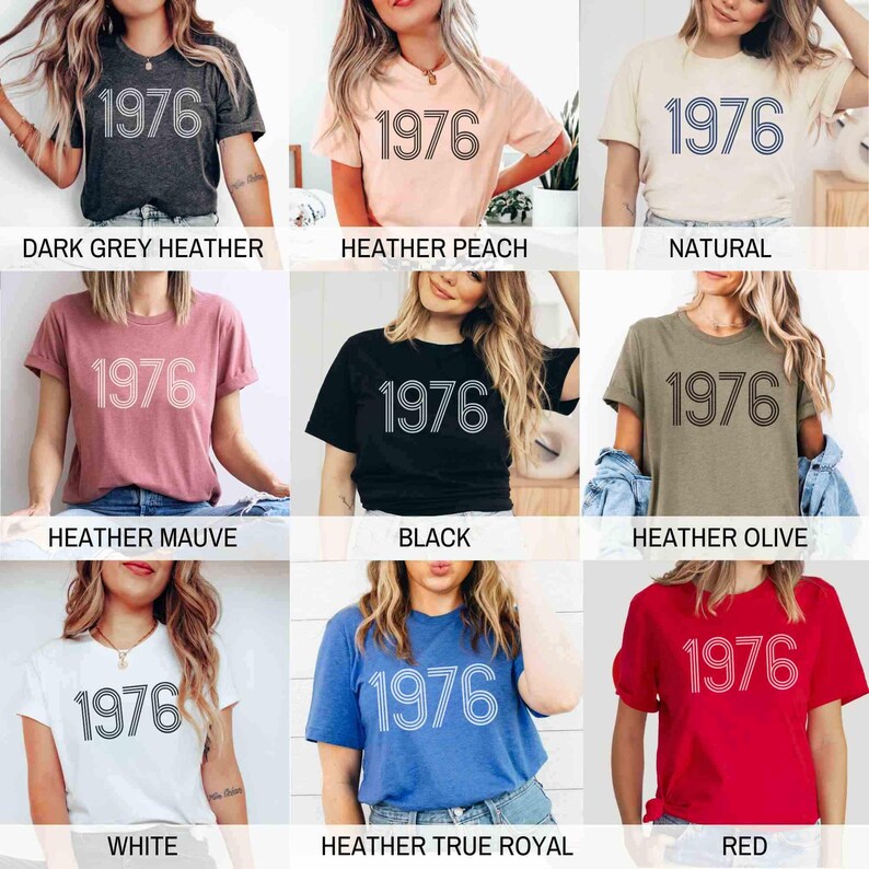 May include: A selection of t-shirts in diverse colours, each displaying the year "1976" in a prominent, outlined font. Colours include dark grey heather, heather peach, natural, heather mauve, black, heather olive, white, heather true royal, and red.