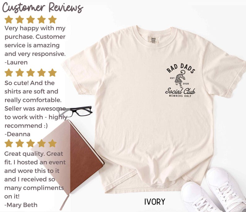 May include: Ivory t-shirt with a black graphic of a tiger with the text "Rad Dads Social Club Members Only" on the front. Customer reviews are shown on the left side of the image.