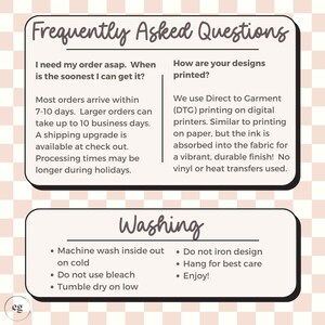 May include: A pink and white checkered background with two white cards. The top card has the text "Frequently Asked Questions" and answers questions about order processing and printing methods. The bottom card has the text "Washing" and lists instructions for caring for the product. The text "eg" is in a circle in the bottom left corner.