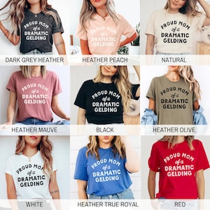 以下が含まれることがあります： 「Proud Mom of a Dramatic Gelding」というテキストが書かれた、さまざまな色のTシャツのコレクション。Tシャツは、着用しているモデルに表示されています。
