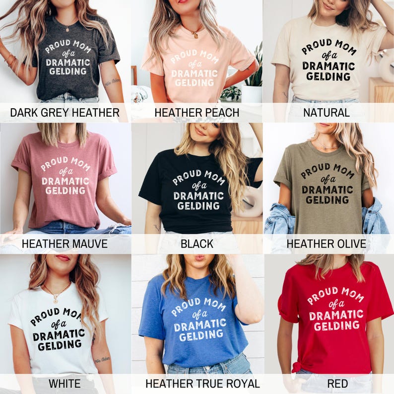 以下が含まれることがあります： 「Proud Mom of a Dramatic Gelding」というテキストが書かれた、さまざまな色のTシャツのコレクション。Tシャツは、着用しているモデルに表示されています。