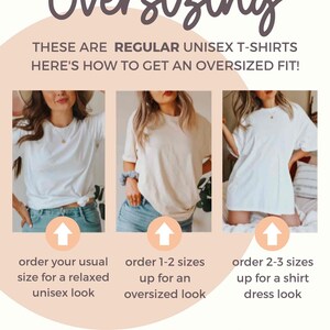 K&ouml;nnte beinhalten: Grafik, die zeigt, wie man eine &uuml;bergro&szlig;e Passform mit regul&auml;ren Unisex-T-Shirts erzielt. Der Text lautet "Oversizing" und "Dies sind regul&auml;re Unisex-T-Shirts. So erhalten Sie eine &uuml;bergro&szlig;e Passform!" mit Beispielen.