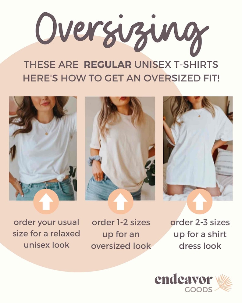 K&ouml;nnte beinhalten: Grafik, die zeigt, wie man eine &uuml;bergro&szlig;e Passform mit regul&auml;ren Unisex-T-Shirts erzielt. Der Text lautet "Oversizing" und "Dies sind regul&auml;re Unisex-T-Shirts. So erhalten Sie eine &uuml;bergro&szlig;e Passform!" mit Beispielen.