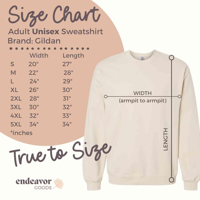 May include: Size chart for an adult unisex sweatshirt, showing width and length measurements in inches for sizes S through 5XL. The brand is Gildan. The chart is on a pink background with a white outline. The chart is next to a beige sweatshirt with the words "True to Size" printed below it.