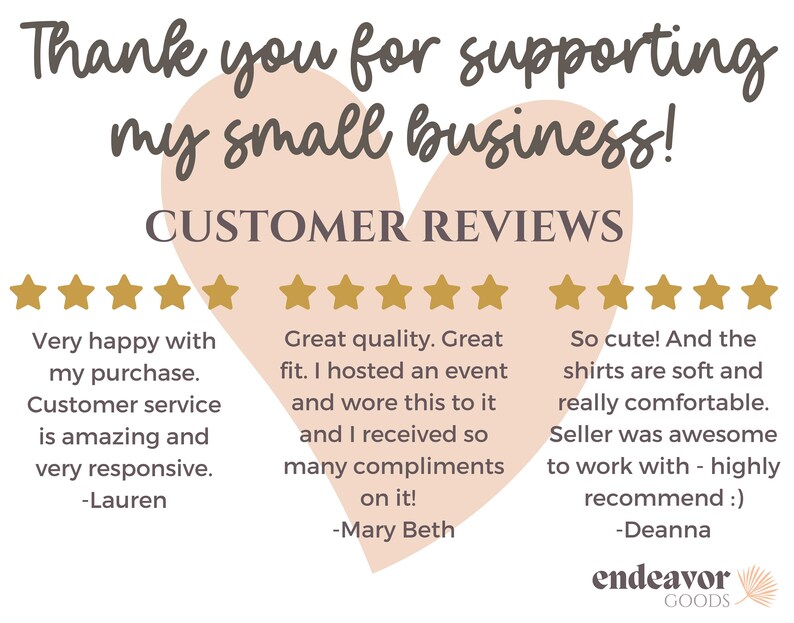May include: Customer reviews for a small business with five-star ratings and positive comments. The text reads "Thank you for supporting my small business! Customer Reviews."  The reviews highlight the quality of the products and the excellent customer service.
