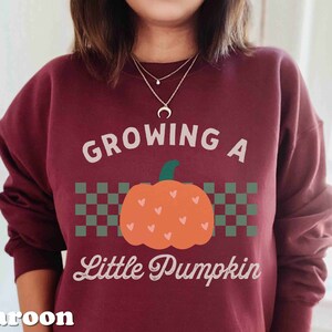 May include: Maroon sweatshirt with the text "GROWING A Little Pumpkin" and a cartoon pumpkin graphic. The pumpkin is orange with a green stem and small heart details. A green and gray checkered pattern is behind the pumpkin.
