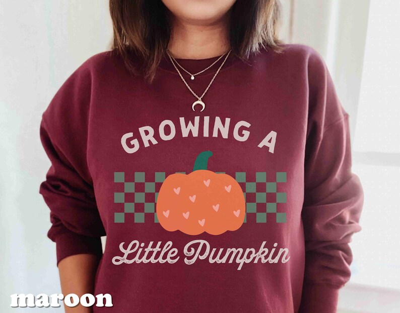 May include: Maroon sweatshirt with the text "GROWING A Little Pumpkin" and a cartoon pumpkin graphic. The pumpkin is orange with a green stem and small heart details. A green and gray checkered pattern is behind the pumpkin.