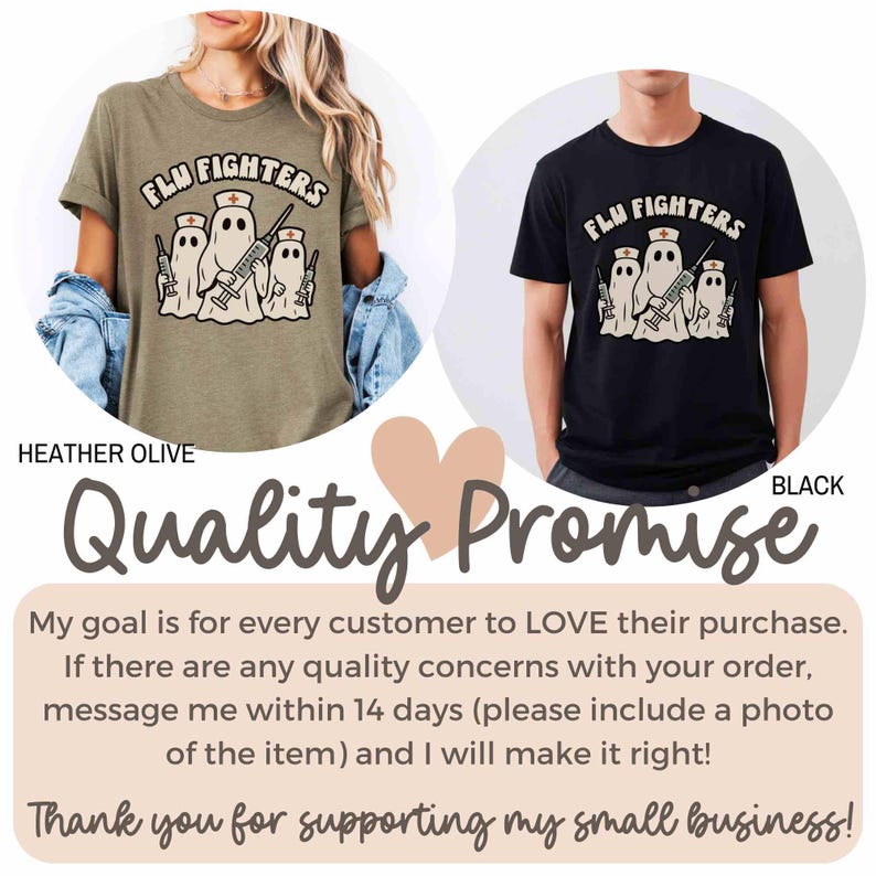 May include: Heather olive and black t-shirts featuring the text "FLM FIGHTERS" above a graphic of three ghost figures wearing nurse hats and holding syringes. The shirts have short sleeves.