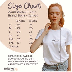 May include: Size chart for a unisex t-shirt, showing measurements in inches for different sizes: S, M, L, XL, 2XL, 3XL. The chart shows length and width measurements. The brand is Bella + Canvas.