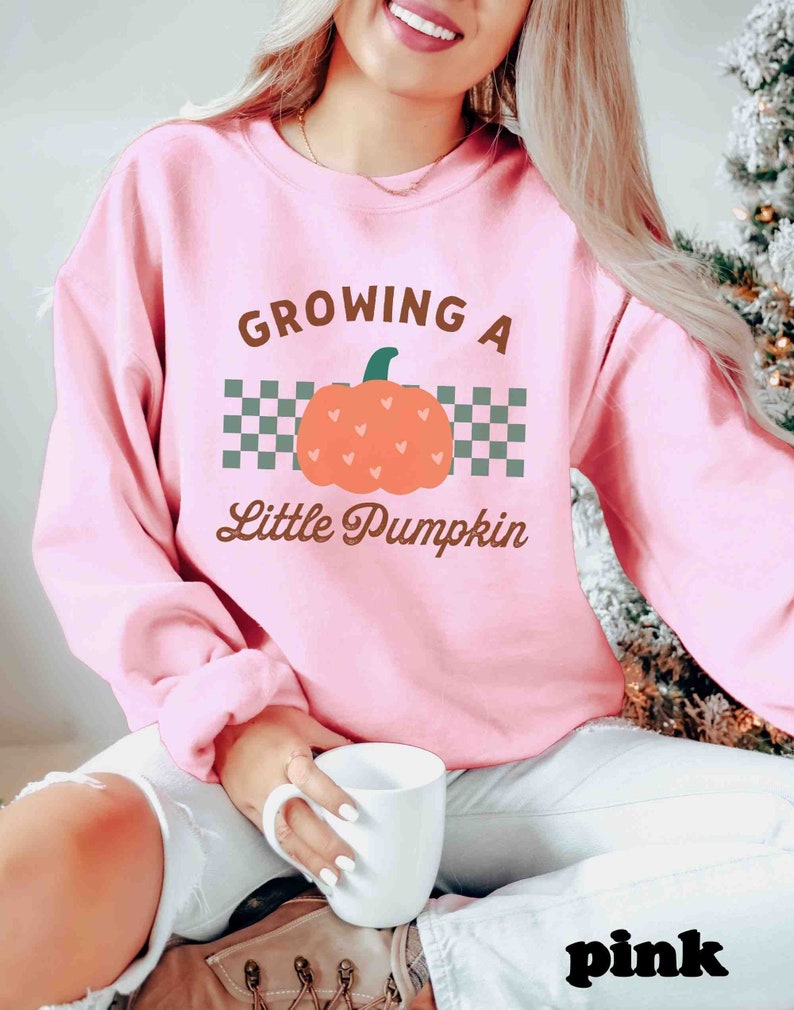 May include: Pink sweatshirt with the text "Growing a Little Pumpkin" and a pumpkin graphic. The pumpkin is orange with a green stem and heart-shaped accents. The text is in brown, with a checkered pattern behind the pumpkin. The word "pink" is at the bottom.