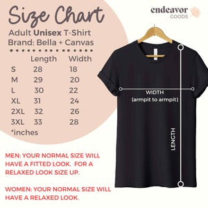 May include: Size chart for a unisex t-shirt, showing measurements in inches for length and width. The chart includes sizes from S to 3XL. The brand is Bella + Canvas. The chart also includes instructions for men and women on how to choose the right size for a fitted or relaxed look.