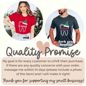以下が含まれることがあります： 歯のデザインが施された赤とダークグレーのヘザーTシャツ。グラフィックには歯、クリスマスツリー、テキスト「DR. BEDFORD」が含まれています。画像には「Quality Promise」というテキストも含まれています。