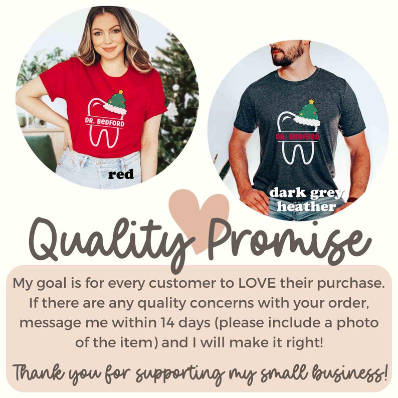 以下が含まれることがあります： 歯のデザインが施された赤とダークグレーのヘザーTシャツ。グラフィックには歯、クリスマスツリー、テキスト「DR. BEDFORD」が含まれています。画像には「Quality Promise」というテキストも含まれています。
