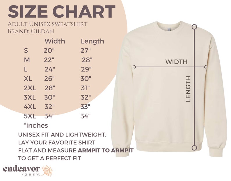 May include: Cream-colored adult unisex sweatshirt with a size chart. The chart lists width and length measurements in inches for sizes S to 5XL. The brand is Gildan. The text reads "Unisex fit and lightweight."
